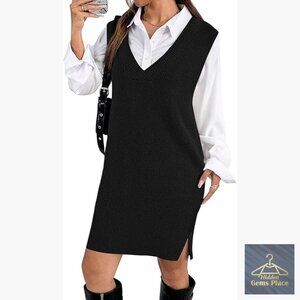 Oversized V-Neck Sweater Vest Dress Sleeveless Pullover Knit Casual